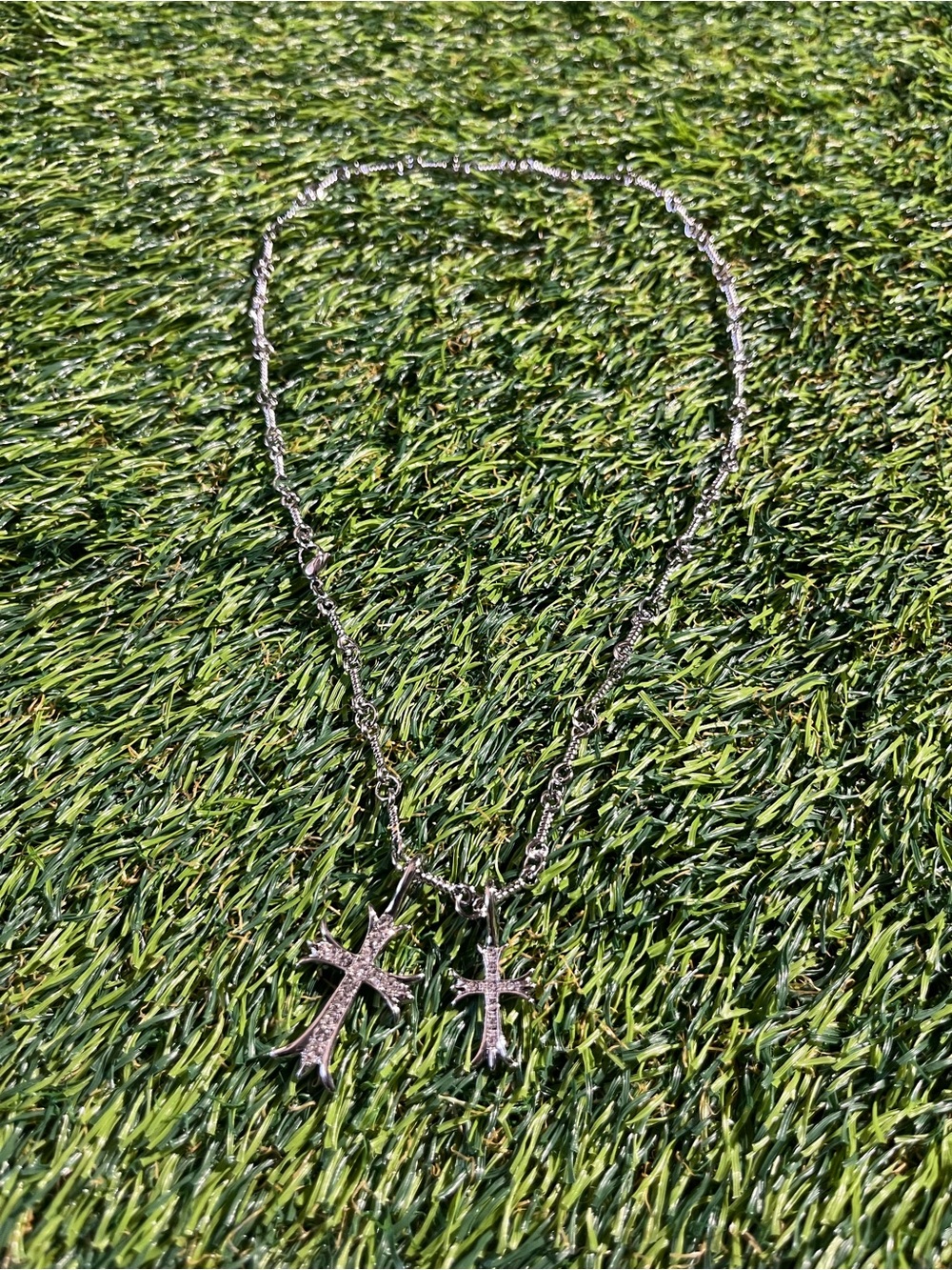 Sterling Silver Double Cross Pendant Necklace - Silver